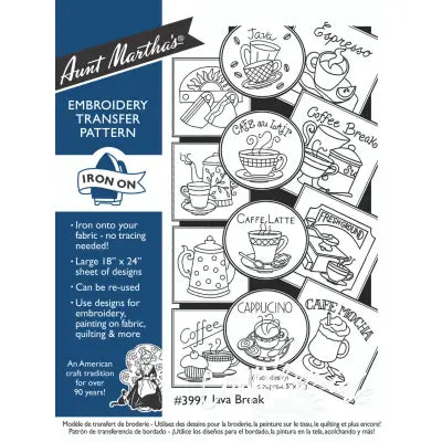Embroidery transfer pattern with coffee-themed designs for Aunt Martha’s® Java Break countryside quilts