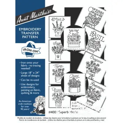 Embroidery transfer pattern featuring superb herbs for Aunt Martha’s® countryside quilts