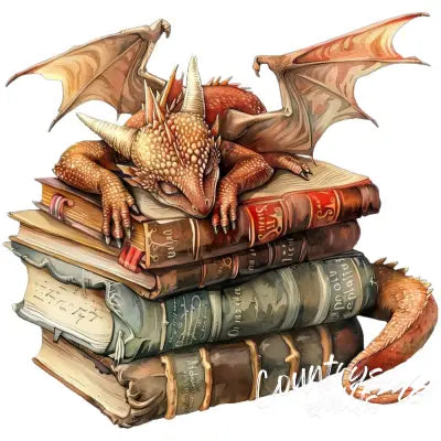 Dragon Sleeping on Books Fabric Panel 5