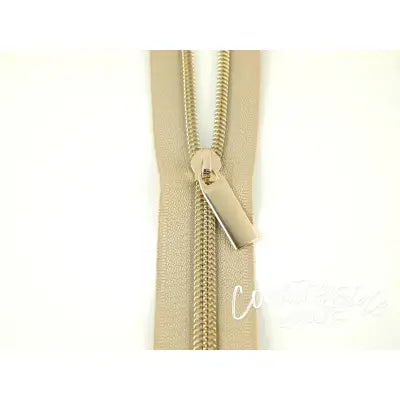 Beige #5 Nylon Gold Coil Zippers: 3 Yards with 9 Pulls