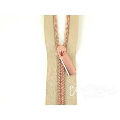 Beige #5 Nylon Rose Gold Coil Zippers: 3 Yards with 9 Pulls