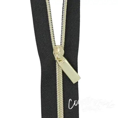 Black #3 Nylon Gold Coil Zippers: 3 Yards with 9 Pulls