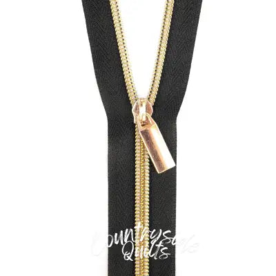 Black #5 Nylon Gold Coil Zippers: 3 Yards with 9 Pulls