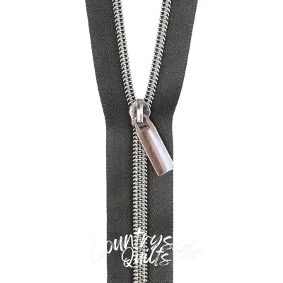 Black #5 Nylon Gunmetal Coil Zippers: 3 Yards with 9 Pulls