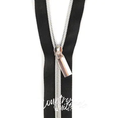 Black #5 Nylon Nickel Coil Zippers: 3 Yards with 9 Pulls