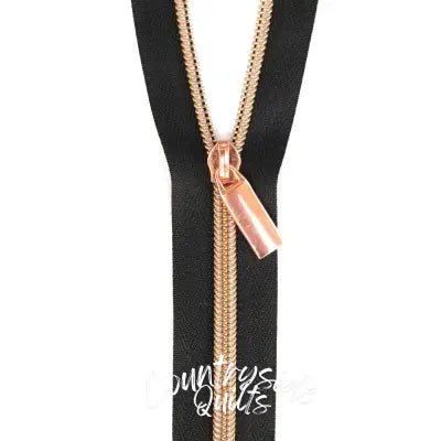 Black #5 Nylon Rose Gold Coil Zippers: 3 Yards with 9 Pulls