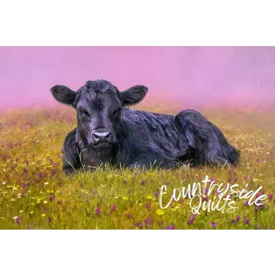 Black Angus Calf in the Flowers Panel 24in x 16in