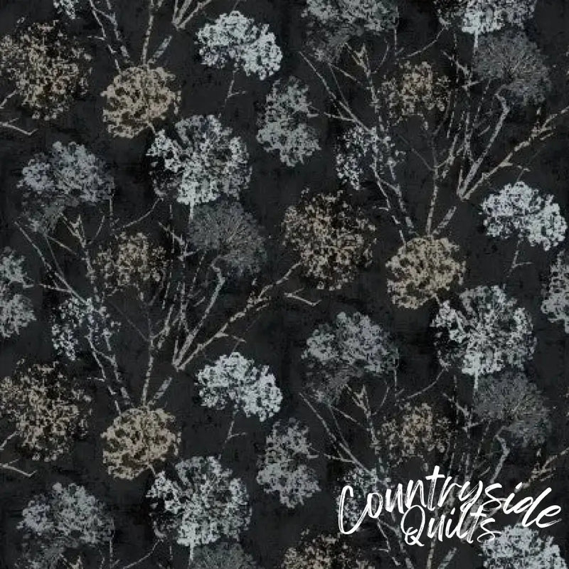 Black Charcoal Dandelion Stamp Cotton Wideback Fabric per yard
