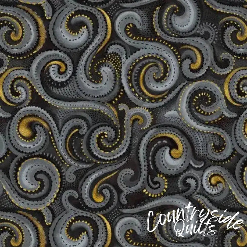 Black Whirlwind Swirl Cotton Wideback Fabric per yard