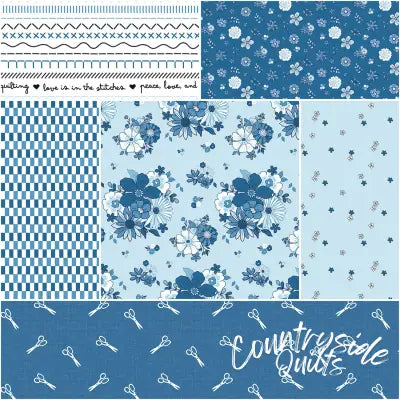 Blue Blooms and Threads 1 Yard Bundle Blue, 6pcs
