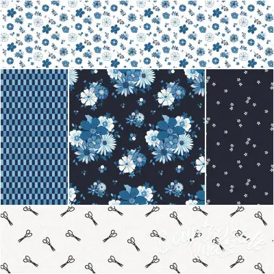 Blue Blooms and Threads 1 Yard Bundle Navy, 5pcs
