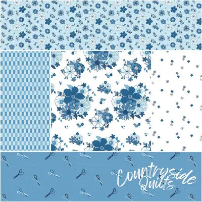 Blue Blooms and Threads 1 Yard Bundle White, 5pcs