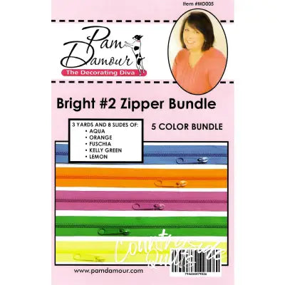 Bright II 5 colors, 3 yards of Reversible Coil Zipper Tape with 8 Slides