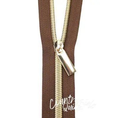 Brown #5 Nylon Gold Coil Zippers: 3 Yards with 9 Pulls