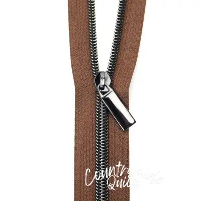 Brown #5 Nylon Gunmetal Coil Zippers: 3 Yards with 9 Pulls