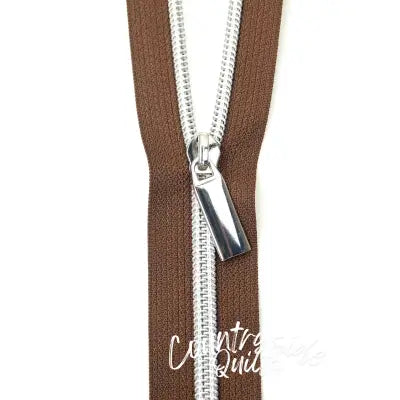 Brown #5 Nylon Nickel Coil Zippers: 3 Yards with 9 Pulls