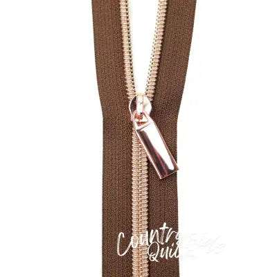 Brown #5 Nylon Rose Gold Coil Zippers: 3 Yards with 9 Pulls