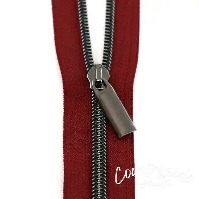 Burgundy #5 Nylon Gunmetal Coil Zippers: 3 Yards with 9 Pulls