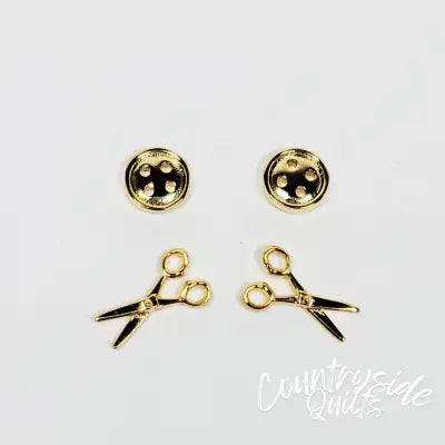 Button & Scissors Earring Set of 2 Gold