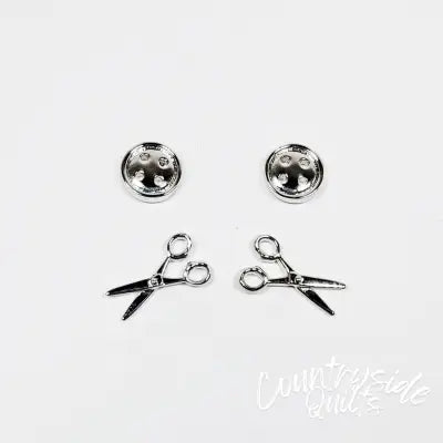 Button & Scissors Earring Set of 2 Silver