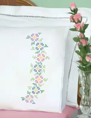 Cross-Stitch Flowers Lace Edge Pillowcases