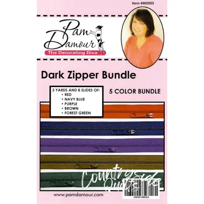 Dark 5 colors, 3 yards of Reversible Coil Zipper Tape with 8 Slides