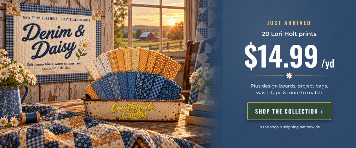 Just arrived: Denim & Daisy by Lori Holt for Riley Blake Designs. 20 prints at $14.99 a yard, plus design boards, project bags and washi tape to match. Shop the collection at Countryside Quilts