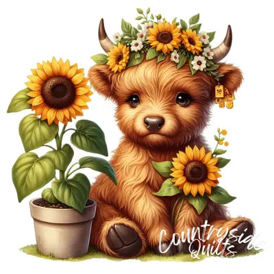 Sunflower Highland Cows Fabric Panel 26