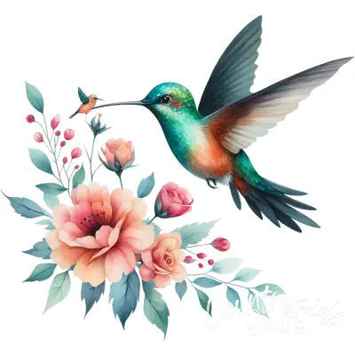 Watercolor Hummingbird Floral Fabric Panel 13