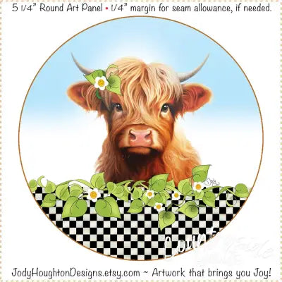 Fabric Panel 5in Round Highland Cow