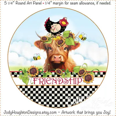 Fabric Panel 5in Round Highland Cow Friendship