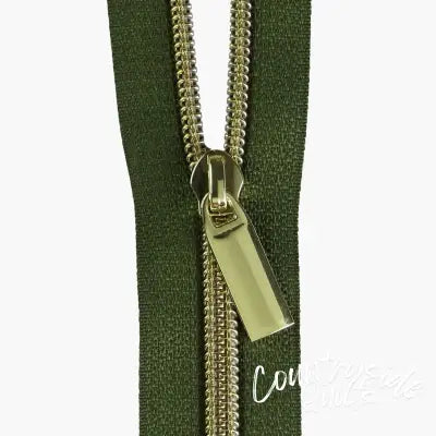 Fern #5 Nylon Gold Coil Zippers: 3 Yards With 9 Pulls