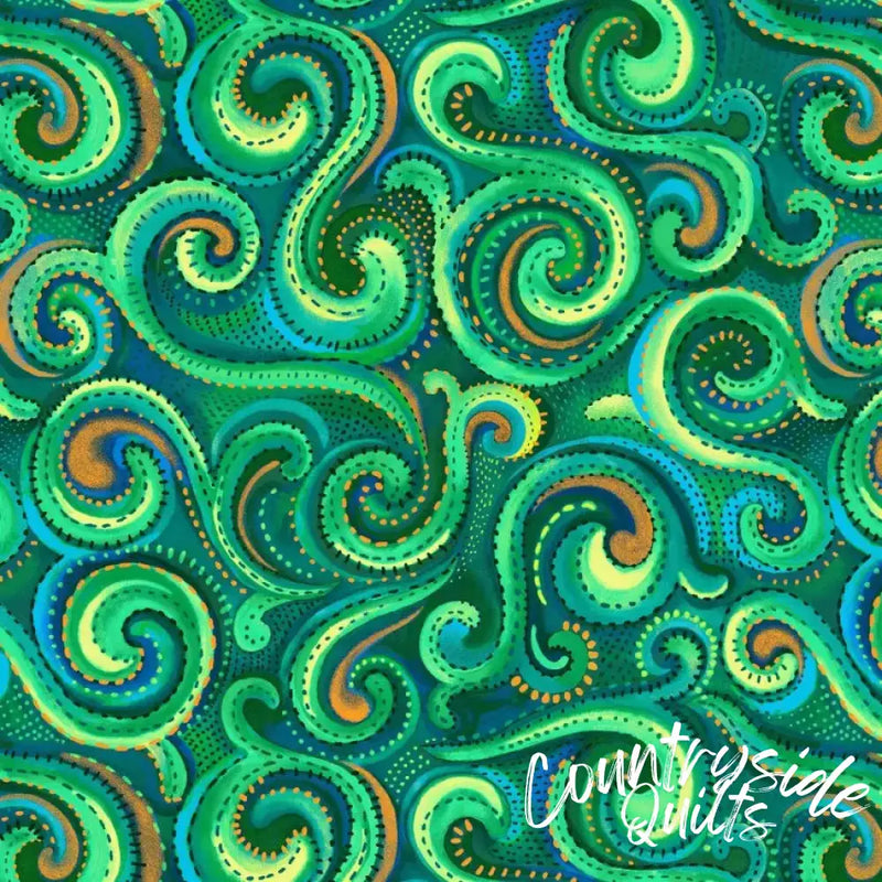 Green Whirlwind Swirl Cotton Wideback Fabric per yard