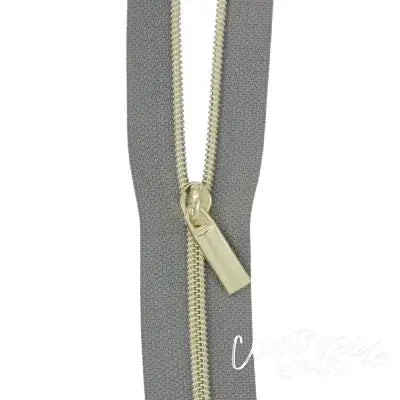 Grey #3 Nylon Gold Coil Zippers: 3 Yards with 9 Pulls