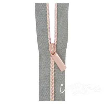 Grey #3 Nylon Rose Gold Coil Zippers: 3 Yards with 9 Pulls