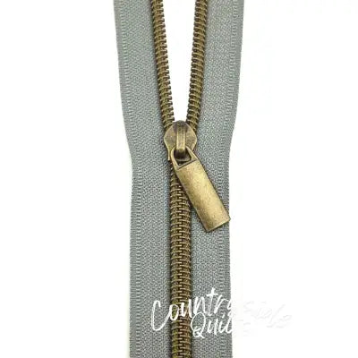 Grey #5 Nylon Antique Coil Zippers: 3 Yards with 9 Pulls