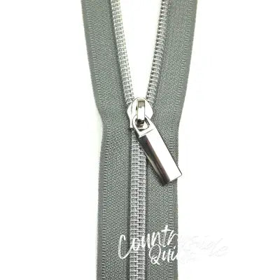 Grey #5 Nylon Nickel Coil Zippers: 3 Yards with 9 Pulls