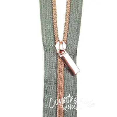 Grey #5 Nylon Rose Gold Coil Zippers: 3 Yards with 9 Pulls