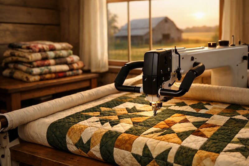 Longarm quilting machine stitching a hunter green and gold quilt in a sunlit farmhouse workroom