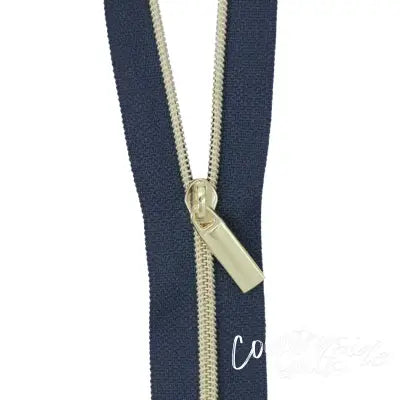 Navy #3 Nylon Gold Coil Zippers: 3 Yards with 9 Pulls