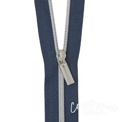 Navy #3 Nylon Nickel Coil Zippers: 3 Yards with 9 Pulls