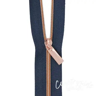 Navy #3 Nylon Rose Gold Coil Zippers: 3 Yards with 9 Pulls