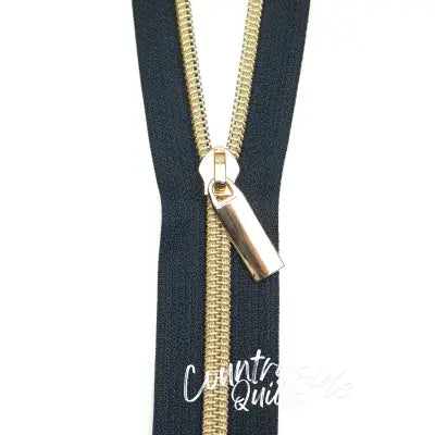 Navy #5 Nylon Gold Coil Zippers: 3 Yards with 9 Pulls