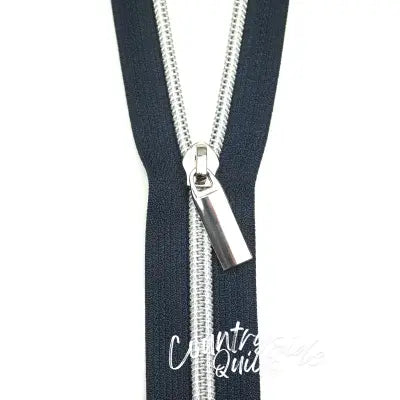 Navy #5 Nylon Nickel Coil Zippers: 3 Yards with 9 Pulls
