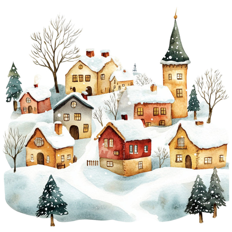 Watercolor Christmas Scene Fabric Panel 19