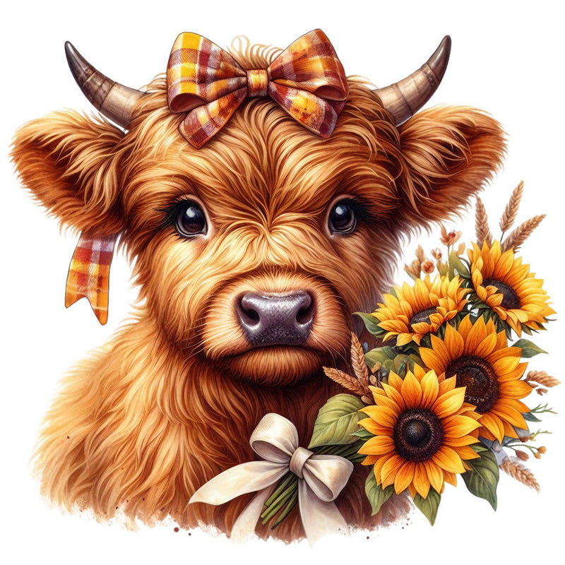 Rustic Sunflower Highland Cows Fabric Panel 25