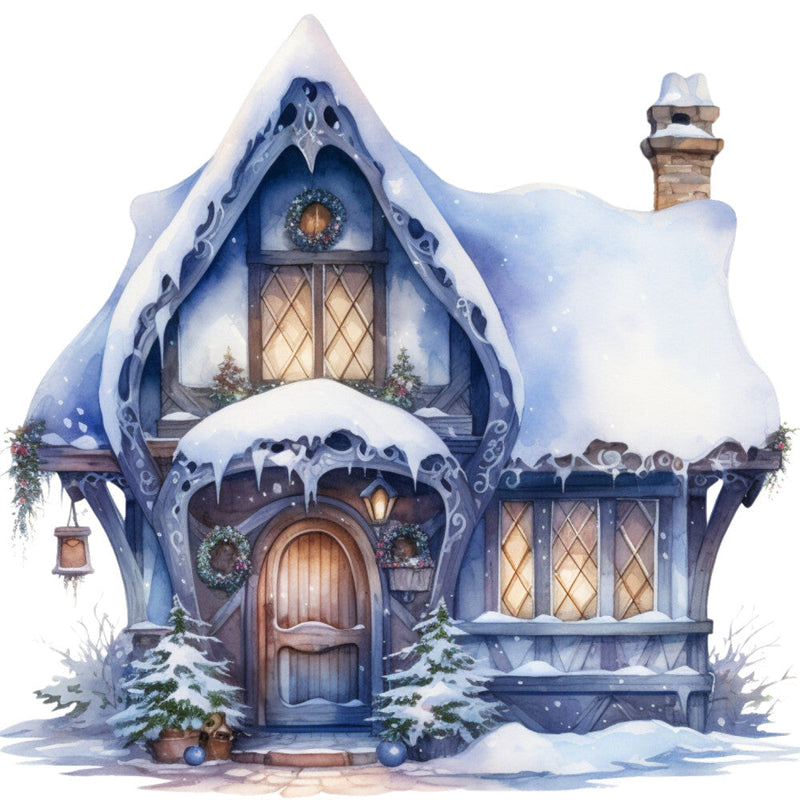 Watercolor Winter Houses Fabric Panel 20