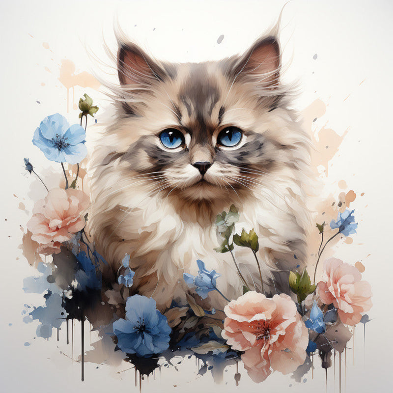 Watercolor Cats with Flowers Fabric Panel 14