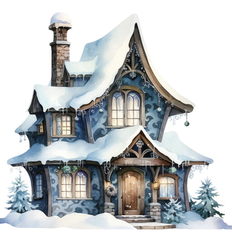 Watercolor Winter Houses Fabric Panel 1