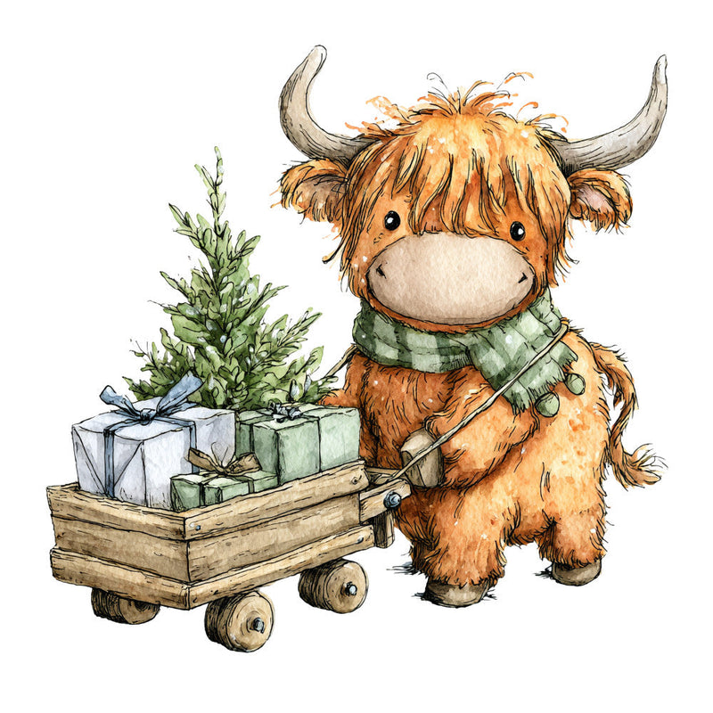 Vintage Christmas Highland Cows Fabric Panel 7